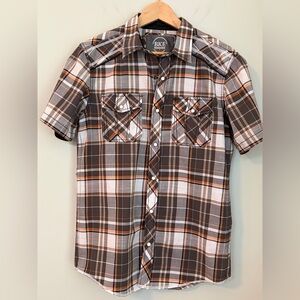 BKE Men’s Plaid Western Snap Button Short Sleeve Shirt Brown Orange, Size Medium